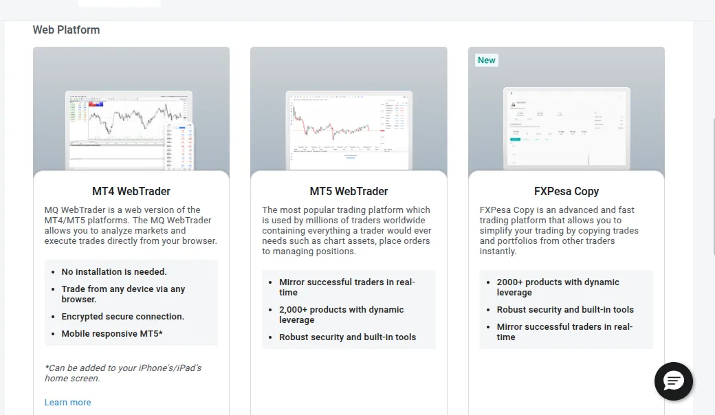 FXPesa WebTrader trading platforms